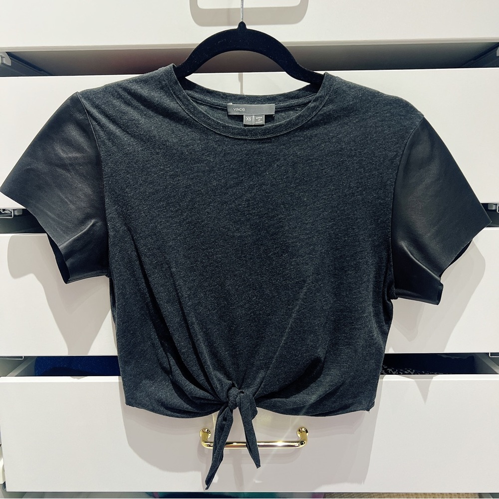 Vince Cropped T-shirt with Lambskin Sleeves